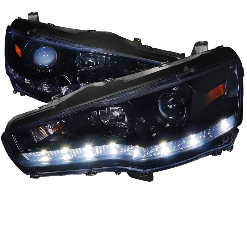 Projector Headlight Glossy Black Housing With Smoked Lens R8 Style for Mitsubishi Lancer Evolution X years 2008-2013