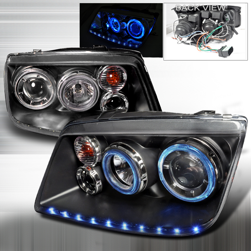 LED Stripe Dual Halo Projector Headlights Black for Volkswagen Jetta years 1999-2004