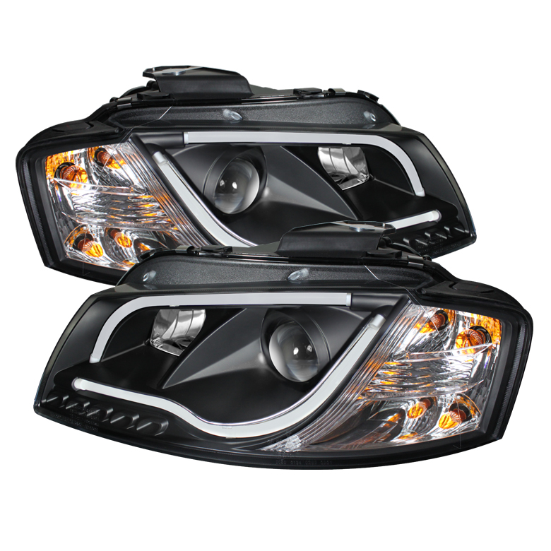 Audi A3 06-08 Projector Headlights - Halogen Model Only ( Not Compatible with Xenon/HID Model ) - Light Tube - DRL - Black - High H1 (Included) - Low H1 (Included)