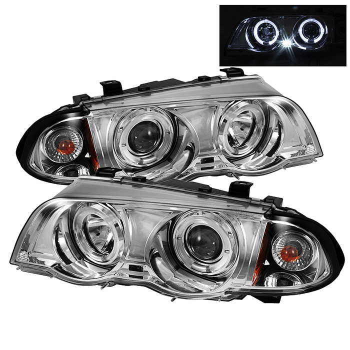 BMW E46 3-Series 99-01 4DR Projector Headlights 1PC - LED Halo - Amber Reflector - Chrome - High H1 (Included) - Low H1 (Included)