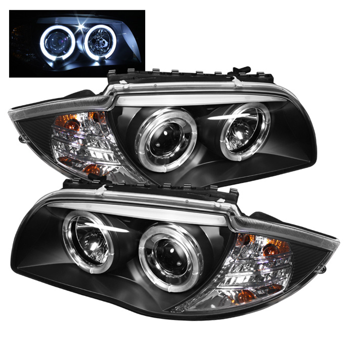 BMW E87 1-Series 08-11 Projector Headlights - LED Halo - Black - High H1 (Included) - Low H7 (Included)