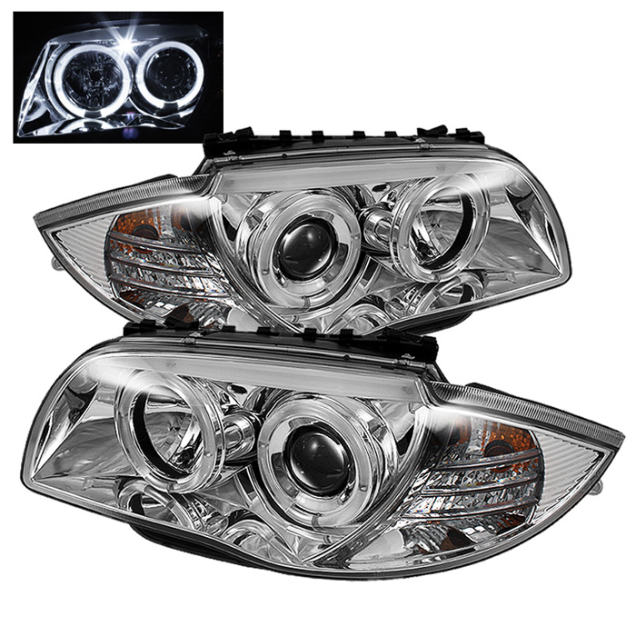 BMW E87 1-Series 08-11 Projector Headlights - LED Halo - Chrome - High H1 (Included) - Low H7 (Included)