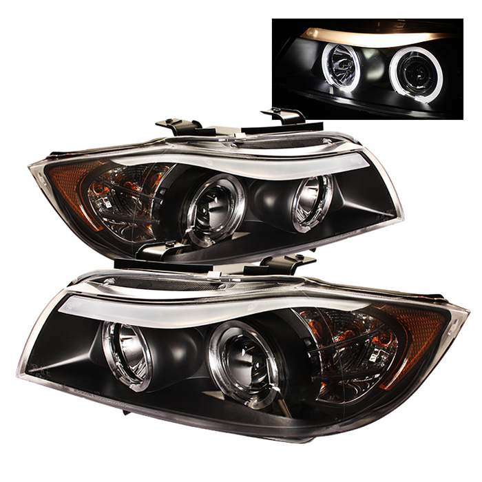 BMW E90 3-Series 06-08 4DR Projector Headlights - LED Halo - Amber Reflector - Replaceable Eyebrow Bulb - Black - High H1 (Included) - Low H7 (Included)