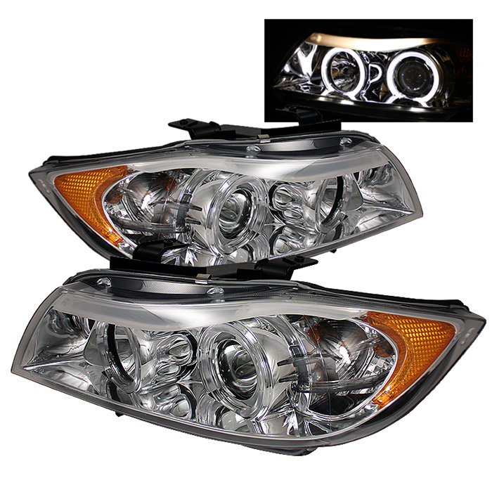 BMW E90 3-Series 06-08 4DR Projector Headlights - LED Halo - Amber Reflector - Replaceable Eyebrow Bulb - Chrome - High H1 (Included) - Low H7 (Included)