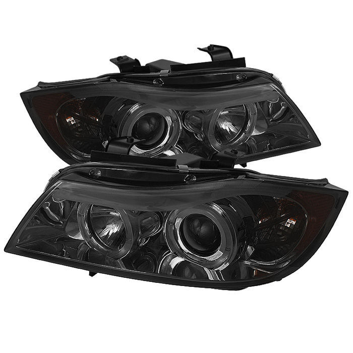 BMW E90 3-Series 06-08 4DR Projector Headlights - LED Halo - Amber Reflector - Replaceable Eyebrow Bulb - Smoke- High H1 (Included) - Low H7 (Included)