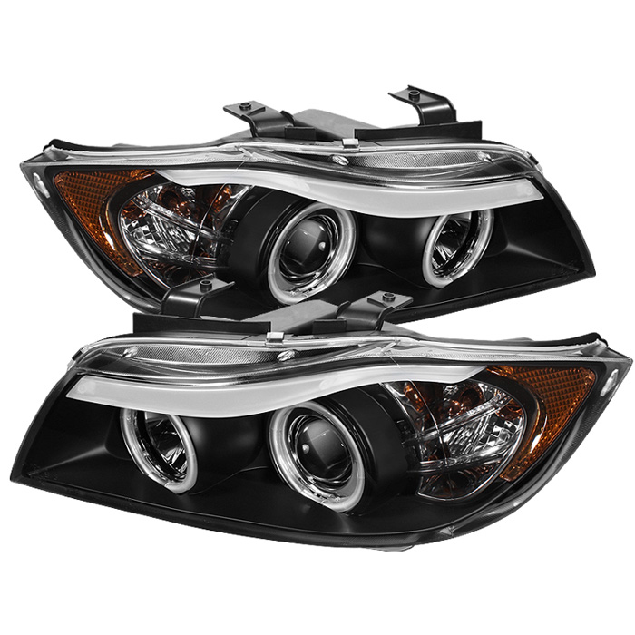 BMW E90 3-Series 06-08 4DR Projector Headlights - CCFL Halo -Replaceable Eyebrow Bulb - Black- High H1 (Included) - Low H7 (Included)