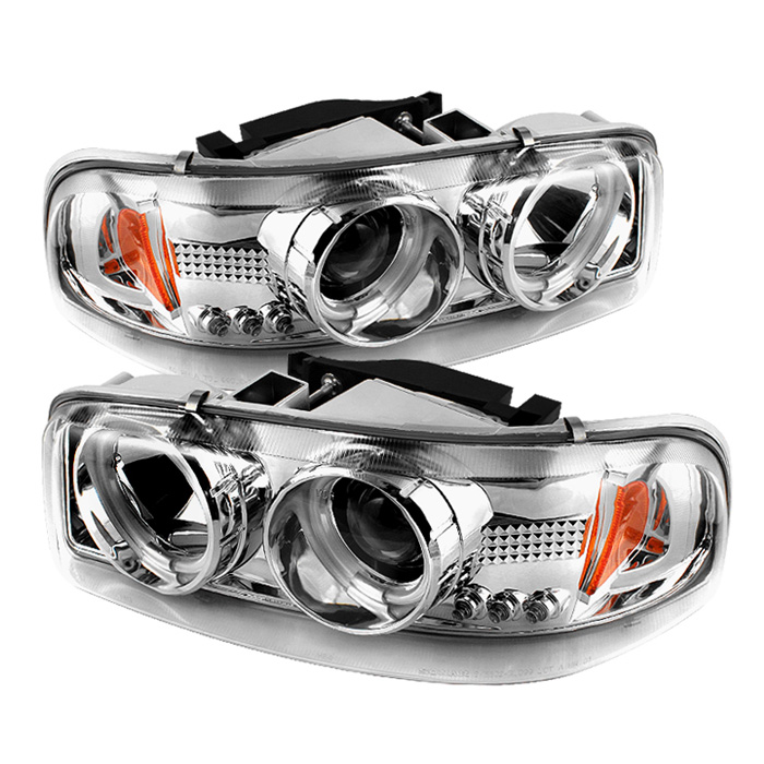 GMC Sierra 1500/2500/3500 99-06 / GMC Sierra Denali 02-07 / GMC Yukon 00-06 / GMC Yukon Denali 01-06 Projector Headlights - CCFL Halo - LED ( Replaceable LEDs ) - Chrome - High 9005 (Not Included) - L