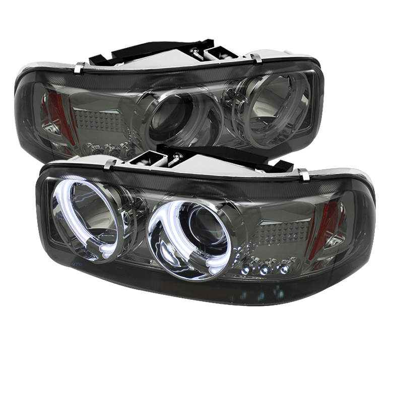 GMC Sierra 1500/2500/3500 99-06 / GMC Sierra Denali 02-07 / GMC Yukon 00-06 / GMC Yukon Denali 01-06 Projector Headlights - CCFL Halo - LED ( Replaceable LEDs ) - Smoke - High 9005 (Not Included) - Lo