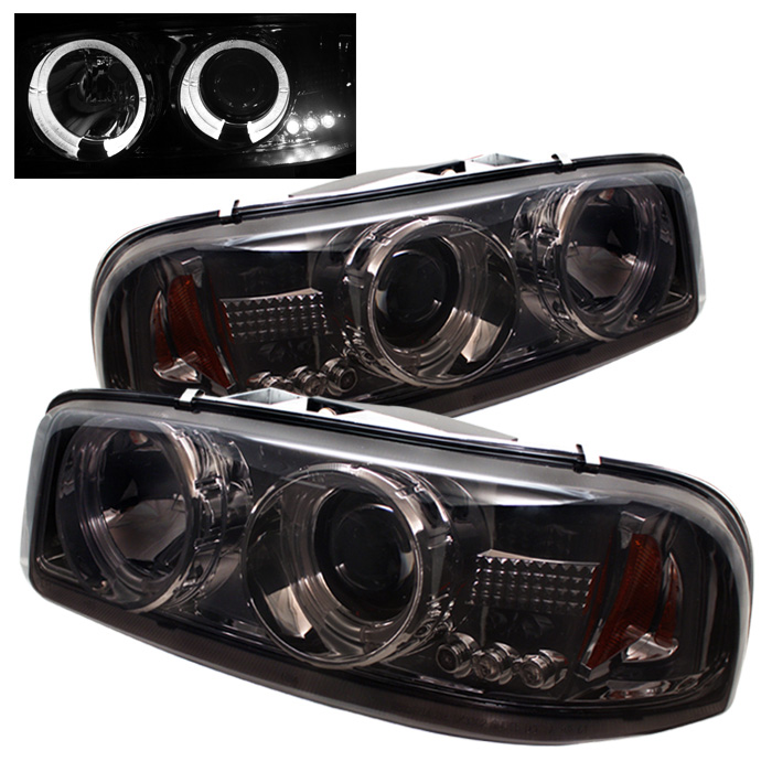 GMC Sierra 1500/2500/3500 99-06 / GMC Sierra Denali 02-07 / GMC Yukon 00-06 / GMC Yukon Denali 01-06 Projector Headlights - LED Halo - LED ( Replaceable LEDs ) - Smoke - High 9005 (Not Included) - Low