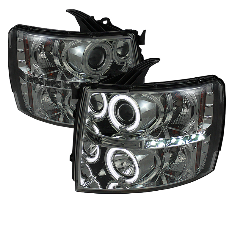 Chevy Silverado 1500/2500/3500 07-13 Projector Headlights - CCFL Halo - LED ( Replaceable LEDs ) - Smoke - High H1 (Included) - Low H1 (Included)