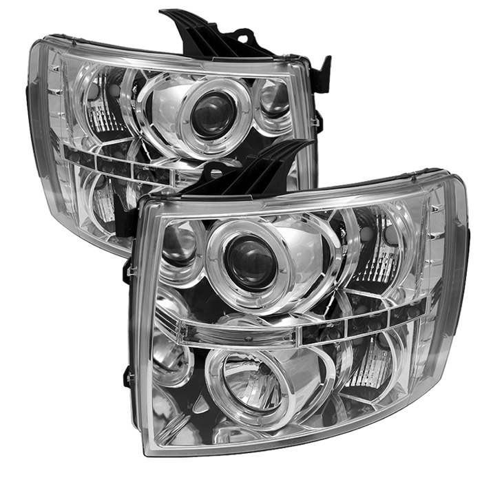 Chevy Silverado 1500/2500/3500 07-13 Projector Headlights - LED Halo - LED ( Replaceable LEDs ) - Chrome - High H1 (Included) - Low H1 (Included)