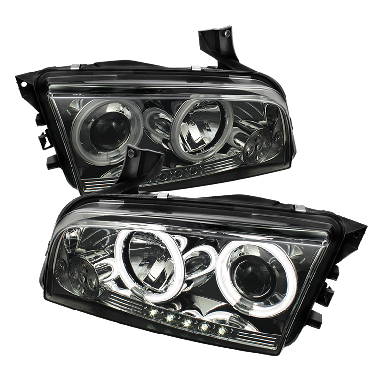 Dodge Charger 06-10 Projector Headlights - Halogen Model Only ( Not Compatiable With Xenon/HID Model ) - CCFL Halo - LED ( Replaceable LEDs ) - Smoke - High H1 (Included) - Low 9006 (Not Included)