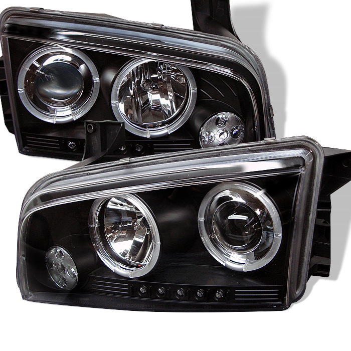 Dodge Charger 06-10 Projector Headlights - Halogen Model Only ( Not Compatiable With Xenon/HID Model ) - LED Halo - LED ( Replaceable LEDs ) - Black - High H1 (Included) - Low 9006 (Not Included)