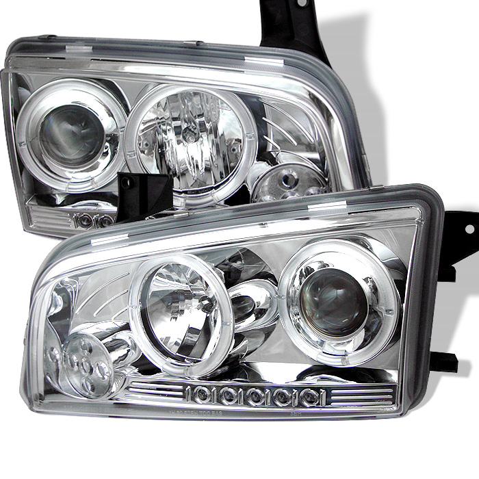 Dodge Charger 06-10 Projector Headlights - Halogen Model Only ( Not Compatiable With Xenon/HID Model ) - LED Halo - LED ( Replaceable LEDs ) - Chrome - High H1 (Included) - Low 9006 (Not Included)