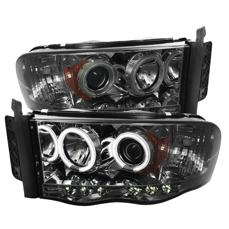 Dodge Ram 1500 02-05 / Ram 2500/3500 03-05 Projector Headlights - CCFL Halo - LED ( Replaceable LEDs ) - Smoke - High H1 (Included) - Low H1 (Included)