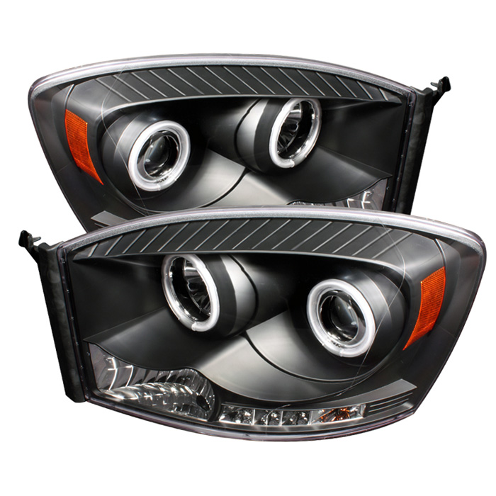 Dodge Ram 1500 06-08 / Ram 2500/3500 06-09 Projector Headlights - CCFL Halo - LED ( Replaceable LEDs ) - Black - High H1 (Included) - Low H1 (Included)