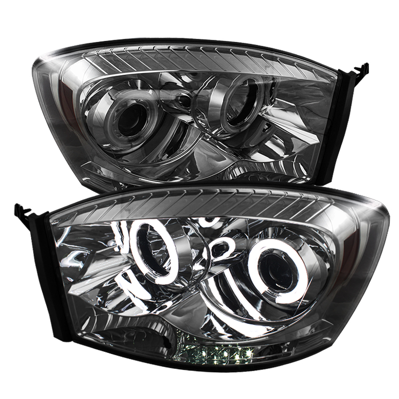 Dodge Ram 1500 06-08 / Ram 2500/3500 06-09 Projector Headlights - CCFL Halo - LED ( Replaceable LEDs ) - Smoke - High H1 (Included) - Low H1 (Included)