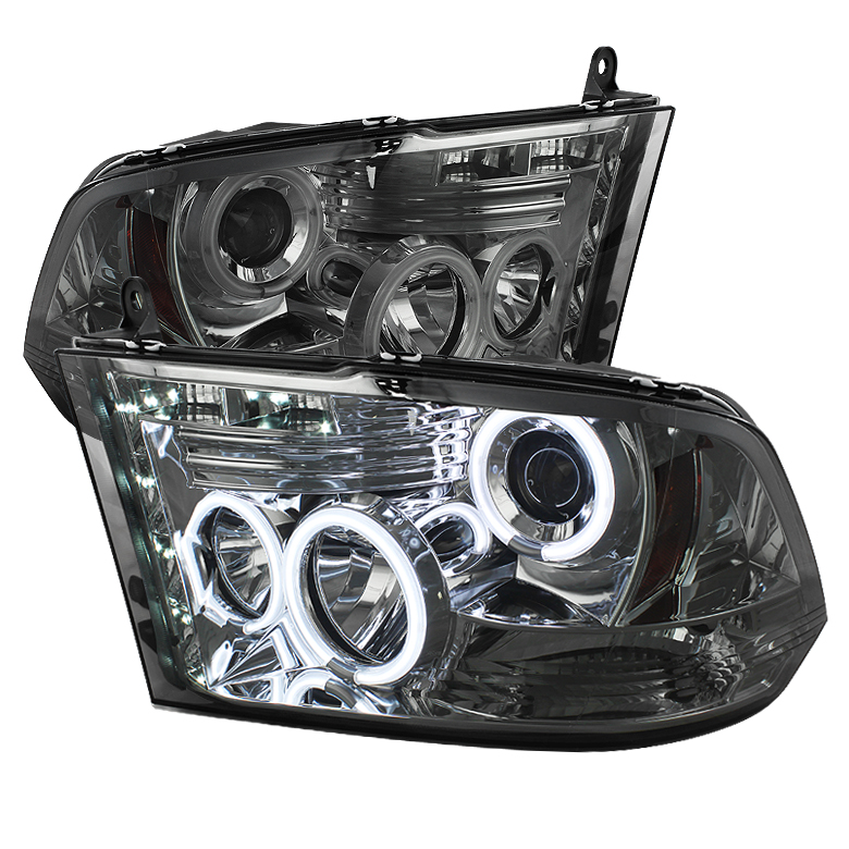 Dodge Ram 1500 09-14 / Ram 2500/3500 10-14 Projector Headlights - Halogen Model Only ( Not Compatible With Factory Projector And LED DRL ) - CCFL Halo - LED ( Replaceable LEDs ) - Smoke - High 9005 (N