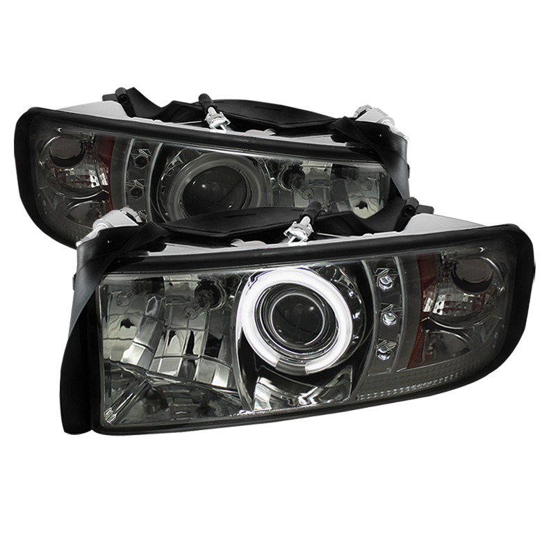 Dodge Ram 1500 94-01 / Ram 2500/3500 94-02 Projector Headlights - ( Do Not Fit Sport Model ) - CCFL Halo - LED ( Replaceable LEDs ) - Smoke - High H1 (Included) - Low H1 (Included)