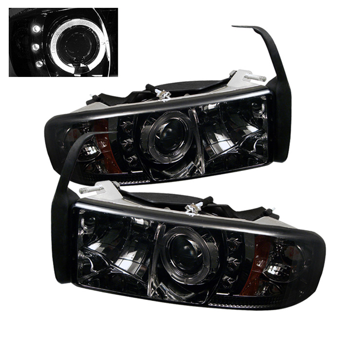 Dodge Ram 1500 94-01 / Ram 2500/3500 94-02 Projector Headlights - ( Do Not Fit Sport Model ) - LED Halo - LED ( Replaceable LEDs ) - Smoke - High H1 (Included) - Low H1 (Included)