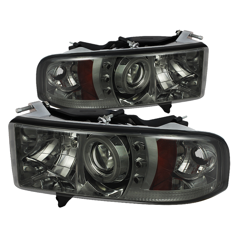 Dodge Ram 1500 99-01 / Ram 2500/3500 99-02 Projector Headlights - ( Sport Model Only ) - CCFL Halo - LED ( Replaceable LEDs ) - Smoke - High H1 (Included) - Low H1 (Included)