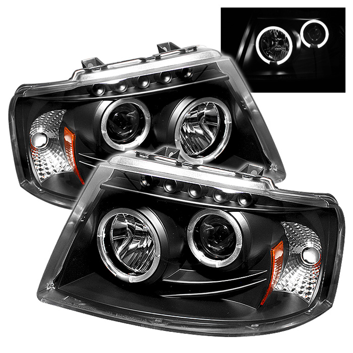 Ford Expedition 03-06 Projector Headlights - LED Halo - LED ( Replaceable LEDs ) - Black - High H1 (Included) - Low 9006 (Not Included)