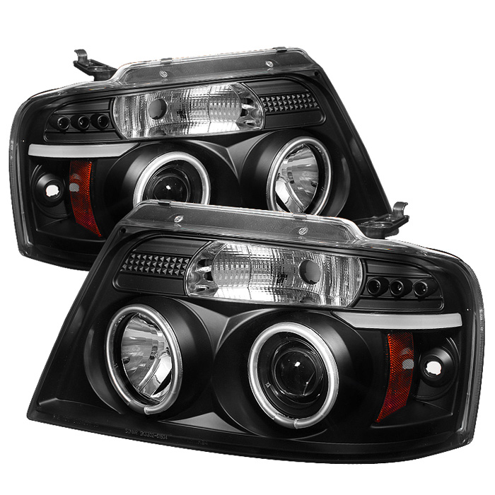 Ford F150 04-08 Projector Headlights - Version 2 - CCFL Halo - LED ( Replaceable LEDs ) - Black - High H1 (Included) - Low 9006 (Included)