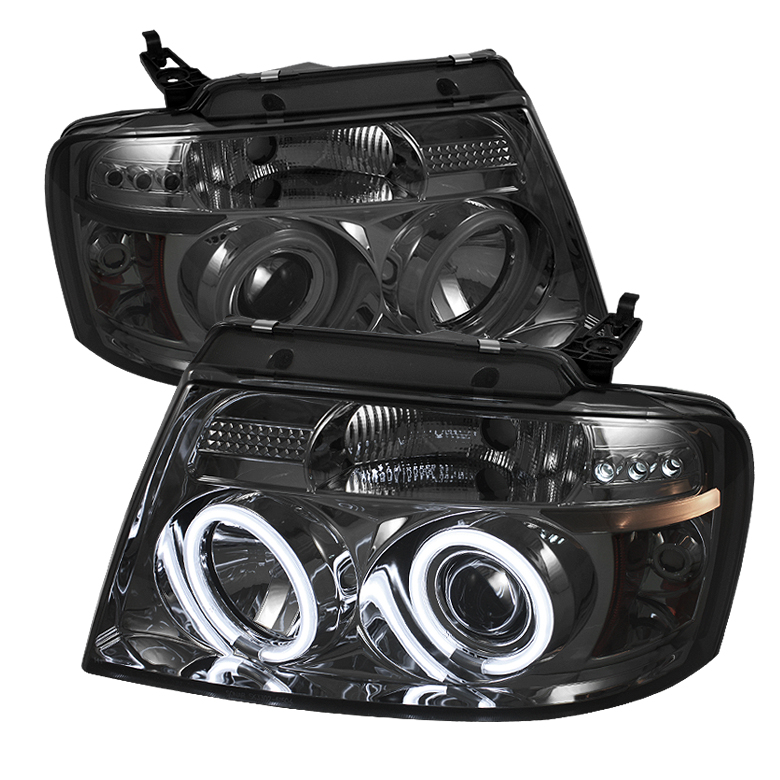 Ford F150 04-08 Projector Headlights - Version 2 - CCFL Halo - LED ( Replaceable LEDs ) - Smoke - High H1 (Included) - Low 9006 (Included)