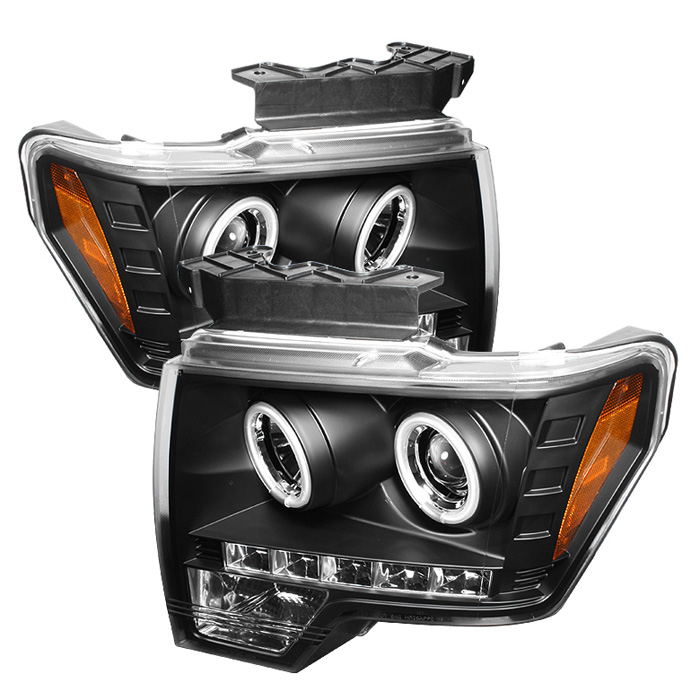 Ford F150 09-14 Projector Headlights - Halogen Model Only ( Not Compatible With Xenon/HID Model ) - CCFL Halo - LED ( Replaceable LEDs ) - Black - High H1 (Included) - Low H1 (Included)