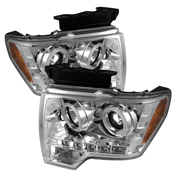 Ford F150 09-14 Projector Headlights - Halogen Model Only ( Not Compatible With Xenon/HID Model ) - CCFL Halo - LED ( Replaceable LEDs ) - Chrome - High H1 (Included) - Low H1 (Included)