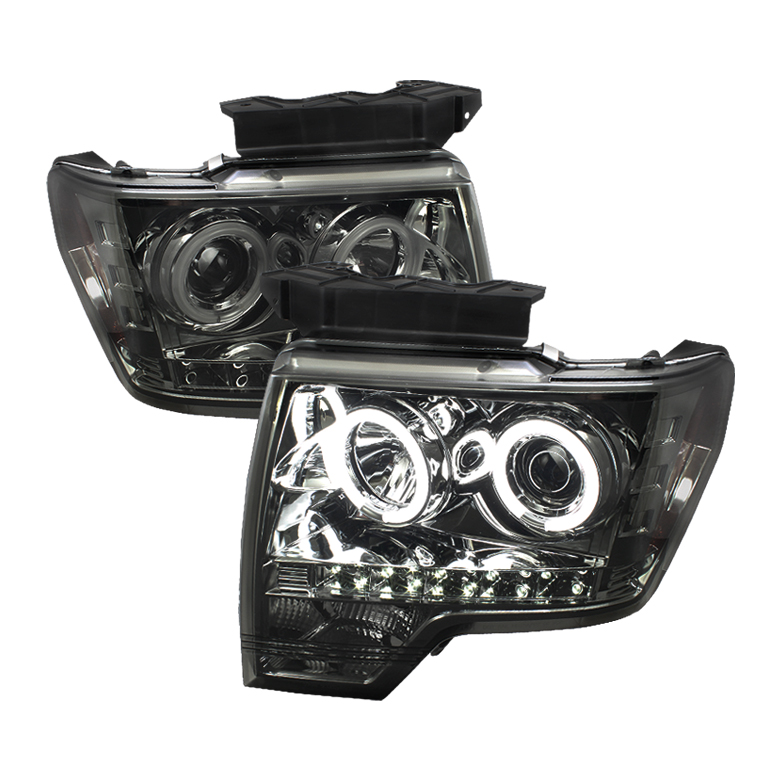 Ford F150 09-14 Projector Headlights - Halogen Model Only ( Not Compatible With Xenon/HID Model ) - CCFL Halo - LED ( Replaceable LEDs ) - Smoke - High H1 (Included) - Low H1 (Included)