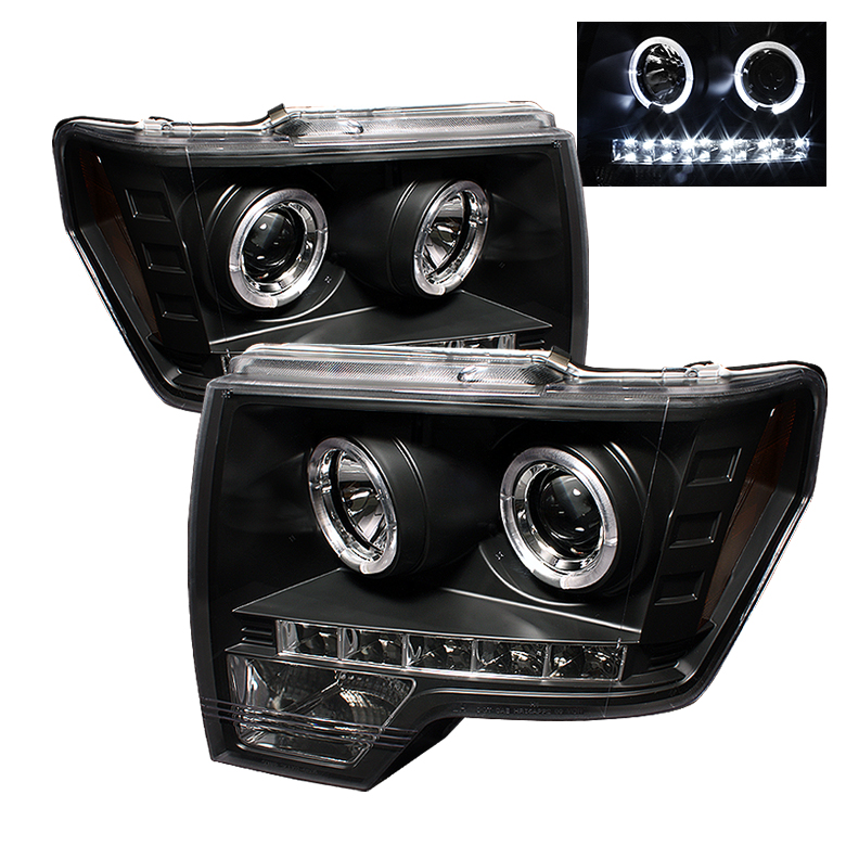 Ford F150 09-14 Projector Headlights - Halogen Model Only ( Not Compatible With Xenon/HID Model ) - LED Halo - LED ( Replaceable LEDs ) - Black - High H1 (Included) - Low H1 (Included)