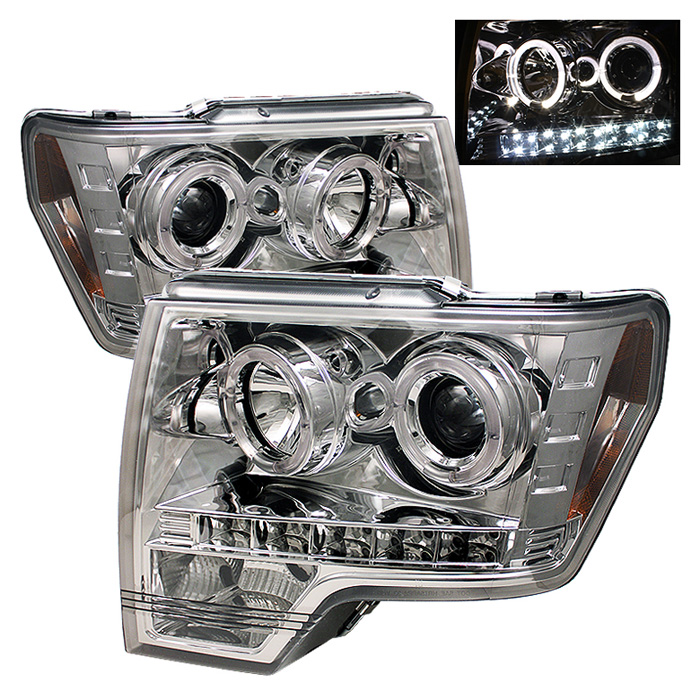 Ford F150 09-14 Projector Headlights - Halogen Model Only ( Not Compatible With Xenon/HID Model ) - LED Halo - LED ( Replaceable LEDs ) - Chrome - High H1 (Included) - Low H1 (Included)