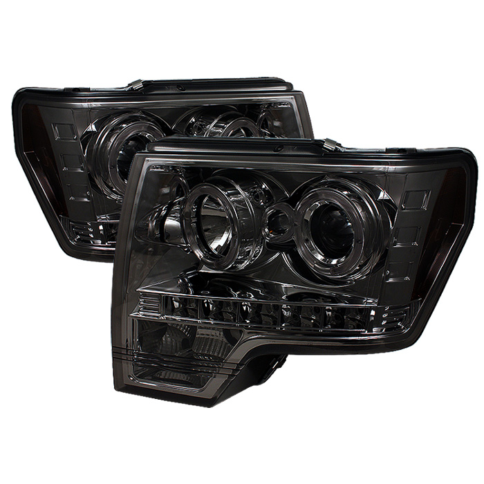 Ford F150 09-14 Projector Headlights - Halogen Model Only ( Not Compatible With Xenon/HID Model ) - LED Halo - LED ( Replaceable LEDs ) - Smoke - High H1 (Included) - Low H1 (Included)