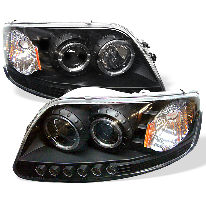 Ford F150 97-03 / Expedition 97-02 1PC Projector Headlights - ( Will Not Fit Manufacture Date Before 6/1997 ) - LED Halo - Amber Reflector - LED ( Replaceable LEDs ) - Black - High 9005 (Included) - L