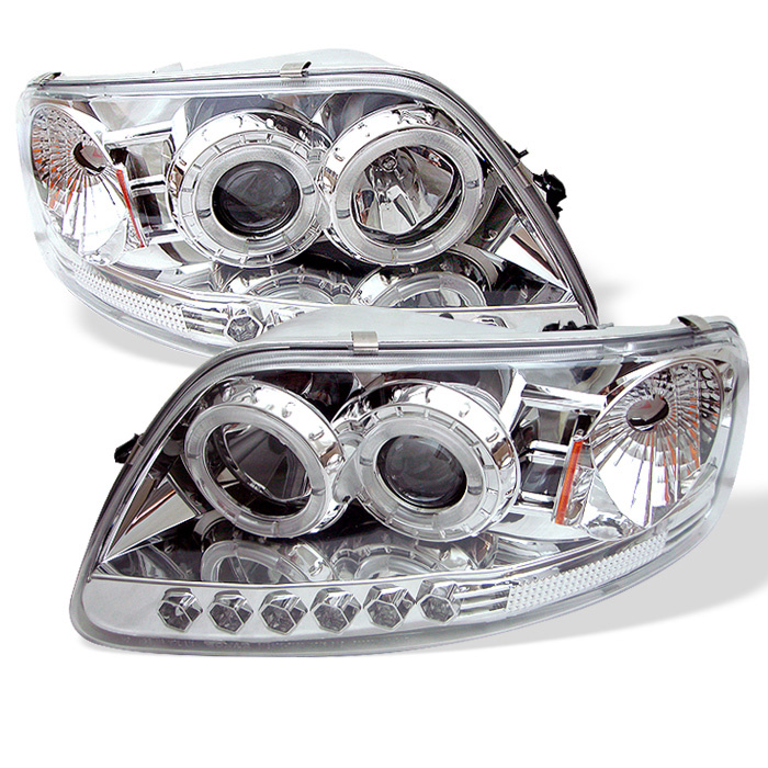 Ford F150 97-03 / Expedition 97-02 1PC Projector Headlights - ( Will Not Fit Manufacture Date Before 6/1997 ) - LED Halo - Amber Reflector - LED ( Replaceable LEDs ) - Chome - High 9005 (Included) - L