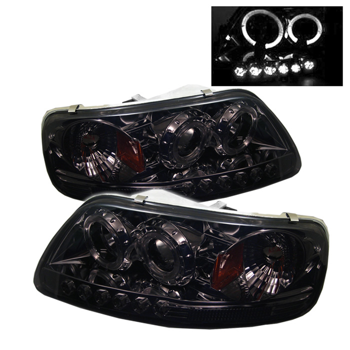 Ford F150 97-03 / Expedition 97-02 1PC Projector Headlights - ( Will Not Fit Manufacture Date Before 6/1997 ) - LED Halo - Amber Reflector - LED ( Replaceable LEDs ) - Smoke - High 9005 (Included) - L