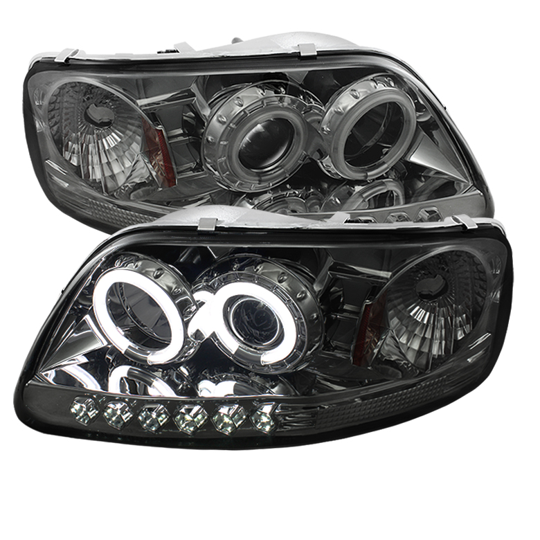 Ford F150 97-03 / Expedition 97-02 1PC Projector Headlights - ( Will Not Fit Manufacture Date Before 6/1997 ) - CCFLHalo - LED ( Replaceable LEDs ) - Smoke - High 9005 (Included) - Low H3 (Included)