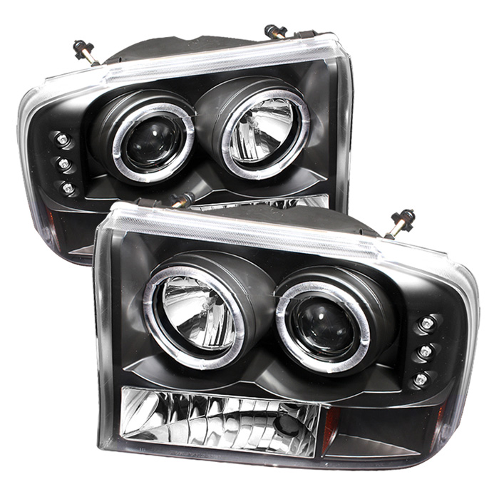 Ford F250 Super Duty 99-04 / Ford Excursion 00-04 1PC Projector Headlights - Version 2 - LED Halo - LED ( Replaceable LEDs ) - Black - High H1 (Included) - Low H1 (Included)