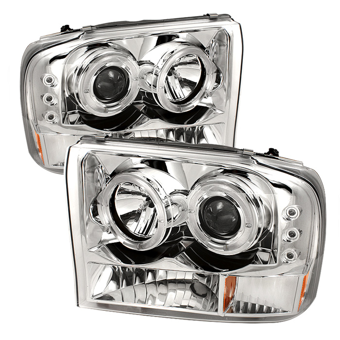 Ford F250 Super Duty 99-04 / Ford Excursion 00-04 1PC Projector Headlights - Version 2 - LED Halo - LED ( Replaceable LEDs ) - Chrome - High H1 (Included) - Low H1 (Included)