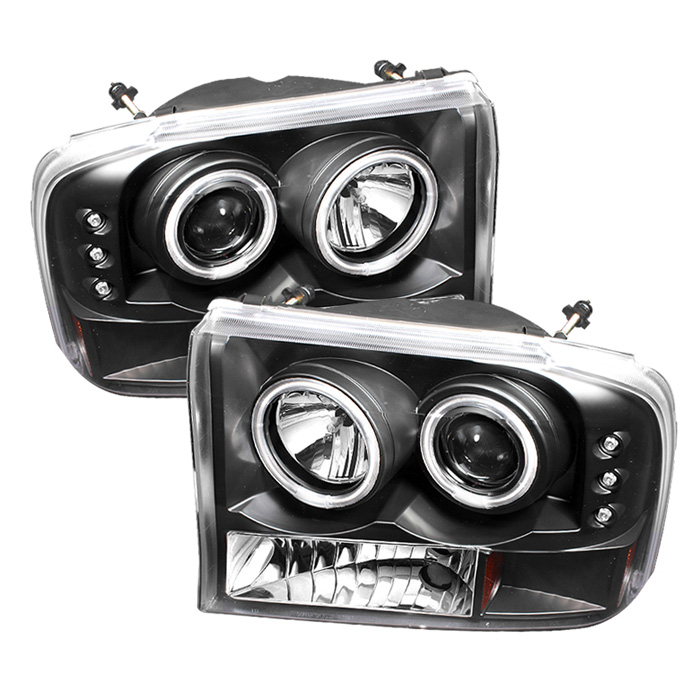 Ford F250 Super Duty 99-04 / Ford Excursion 00-04 1PC Projector Headlights - Version 2 - CCFL Halo - LED ( Replaceable LEDs ) - Black - High H1 (Included) - Low H1 (Included)