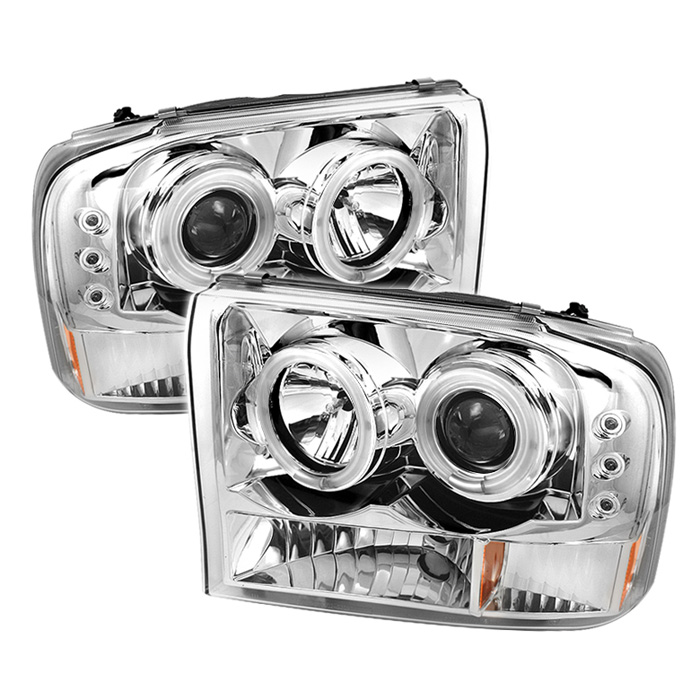 Ford F250 Super Duty 99-04 / Ford Excursion 00-04 1PC Projector Headlights - Version 2 - CCFL Halo - LED ( Replaceable LEDs ) - Chrome - High H1 (Included) - Low H1 (Included)