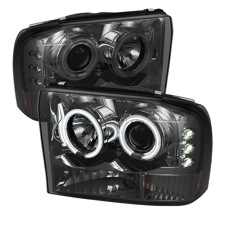 Ford F250 Super Duty 99-04 / Ford Excursion 00-04 1PC Projector Headlights - Version 2 - CCFL Halo - LED ( Replaceable LEDs ) - Smoke - High H1 (Included) - Low H1 (Included)