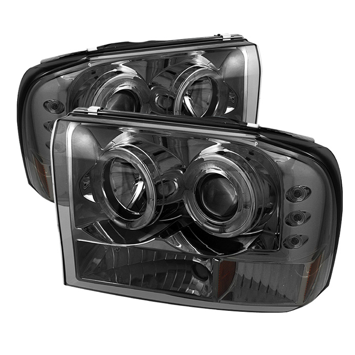 Ford F250 Super Duty 99-04 / Ford Excursion 00-04 1PC Projector Headlights - Version 2 - LED Halo - LED ( Replaceable LEDs ) - Smoke - High H1 (Included) - Low H1 (Included)