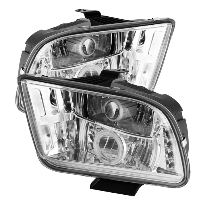 Ford Mustang 05-09 Projector Headlights - Halogen Model Only ( Not Compatible With Xenon/HID Model ) - CCFL Halo - LED ( Replaceable LEDs ) - Chrome - High 9005 (Included) - Low 9006 (Included)