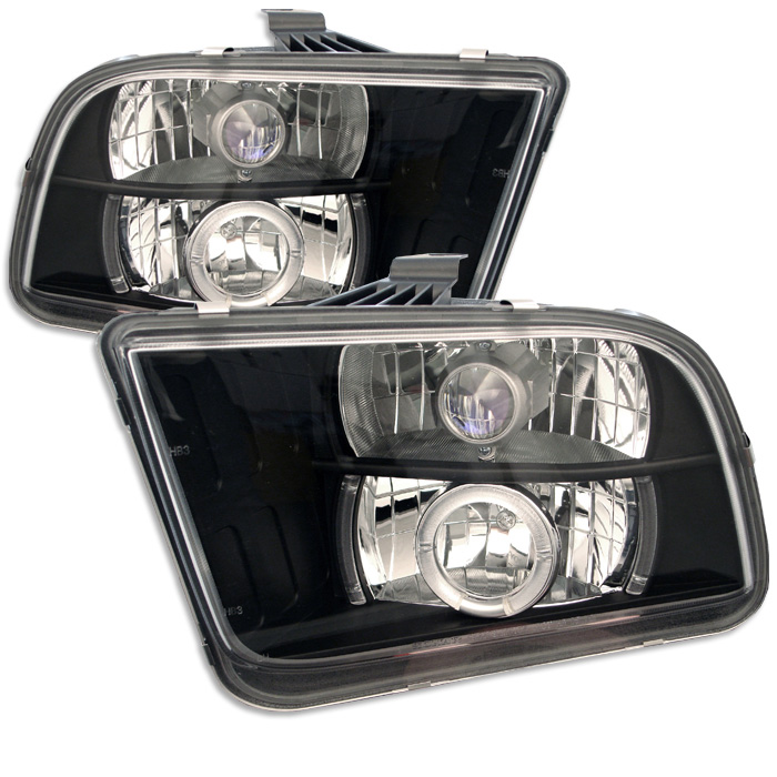 Ford Mustang 05-09 Projector Headlights - Halogen Model Only ( Not Compatible With Xenon/HID Model ) - LED Halo - LED ( Replaceable LEDs ) - Black - High 9005 (Included) - Low 9006 (Included)