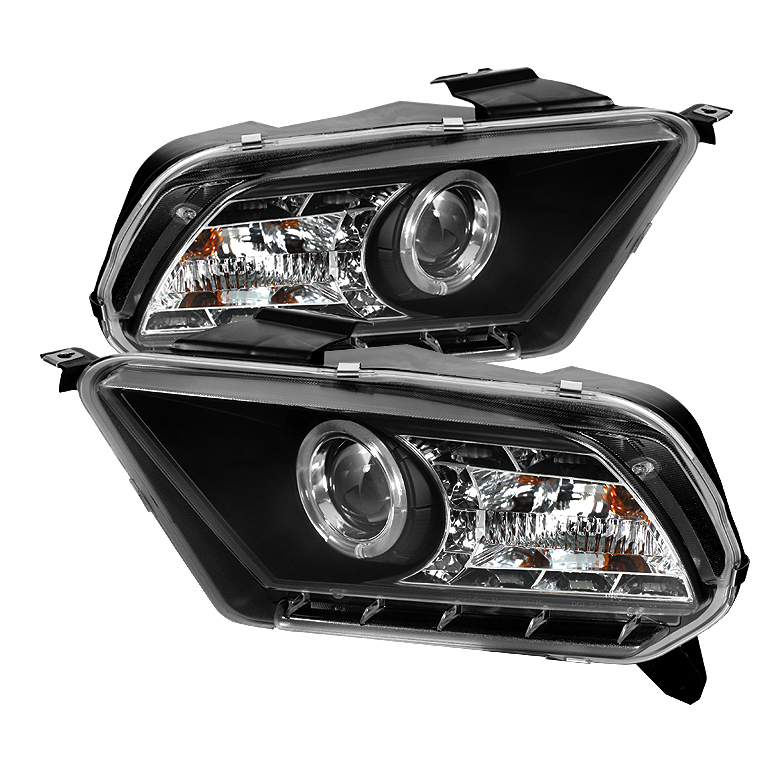 Ford Mustang 10-13 Projector Headlights - Halogen Model Only ( Not Compatible With Xenon/HID Model ) - LED Halo - DRL - Black - High/Low H7 (Included)