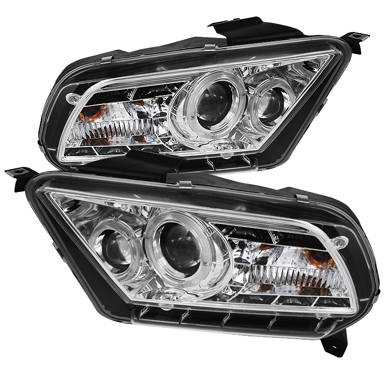 Ford Mustang 10-13 Projector Headlights - Halogen Model Only ( Not Compatible With Xenon/HID Model ) - LED Halo - DRL - Chrome - High/Low H7 (Included)