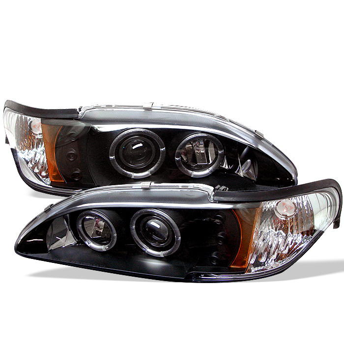 Ford Mustang 94-98 1PC Projector Headlights - LED Halo - Amber Reflector - LED ( Replaceable LEDs ) - Black - High 9005 (Included) - Low H3 (Included)