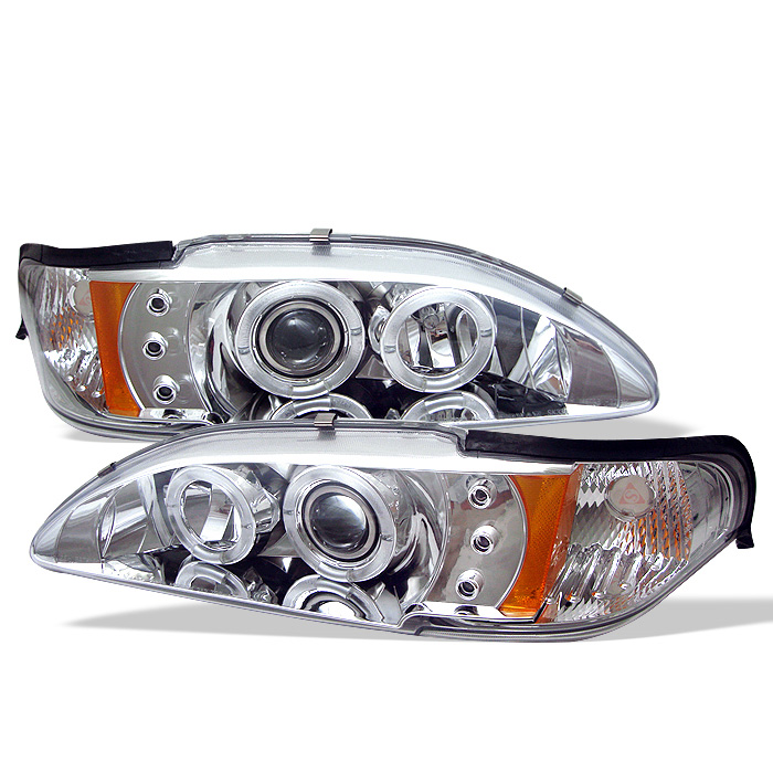 Ford Mustang 94-98 1PC Projector Headlights - LED Halo - Amber Reflector - LED ( Replaceable LEDs ) - Chrome - High 9005 (Included) - Low H3 (Included)